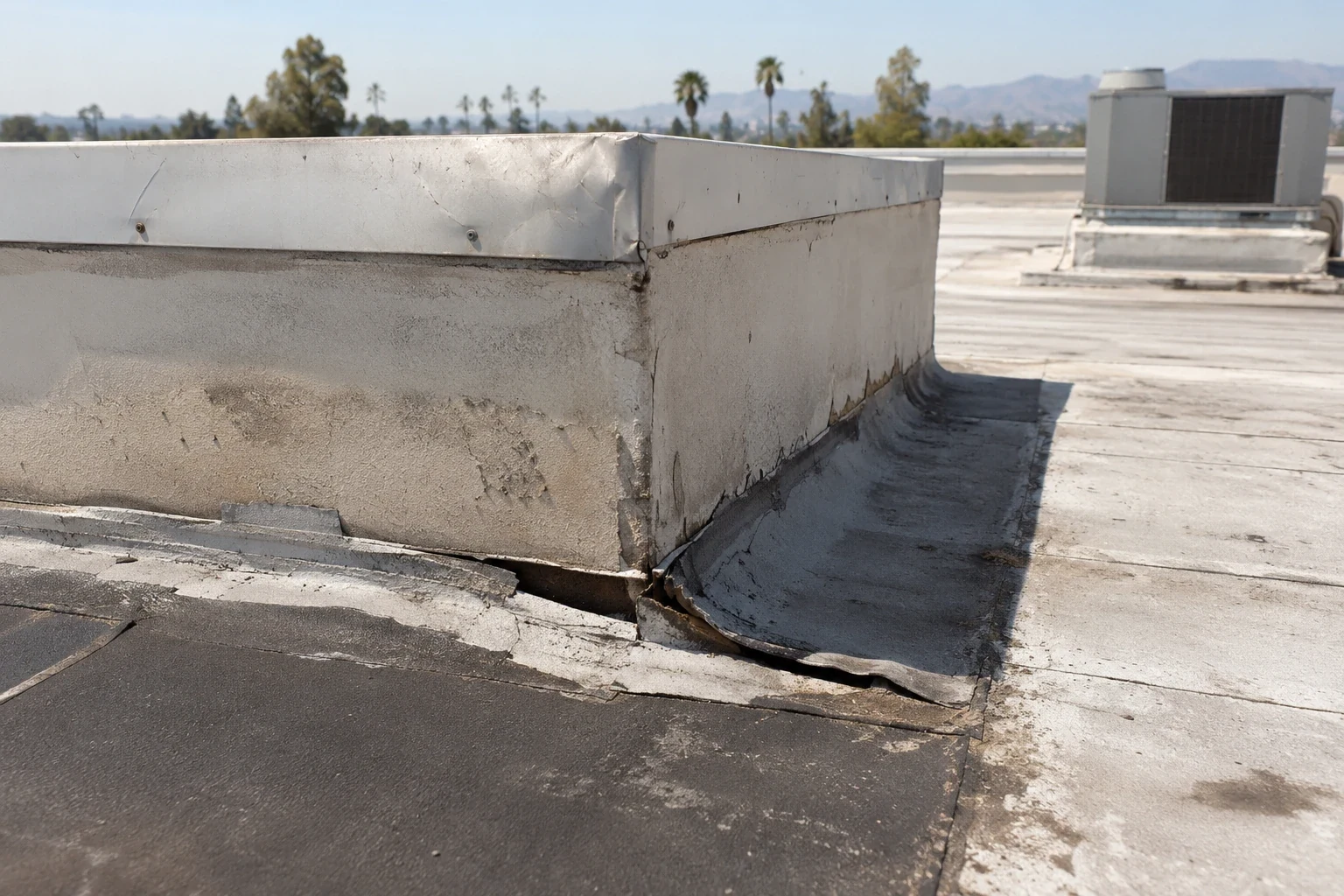 Failed curb flashing on a commercial roof in Fontana, CA